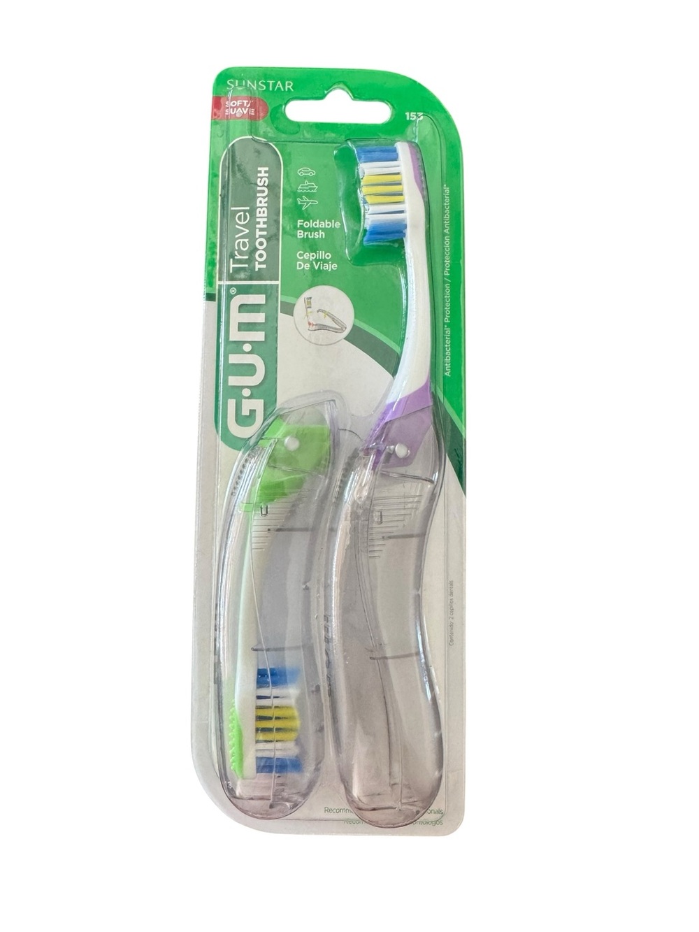 GUM Folding Compact Travel Toothbrush Soft Bristles Tongue Cleaner Set Of 2 NEW